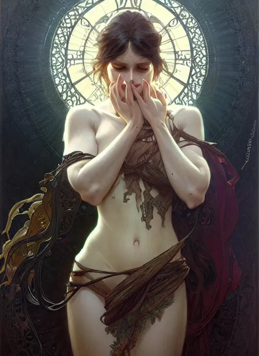 Image similar to lovely woman in distress, black shiny eyes, ultra realistic, concept art, intricate details, eerie, highly detailed, photorealistic, 8 k, unreal engine. art by artgerm and greg rutkowski and magali villeneuve, alphonse mucha