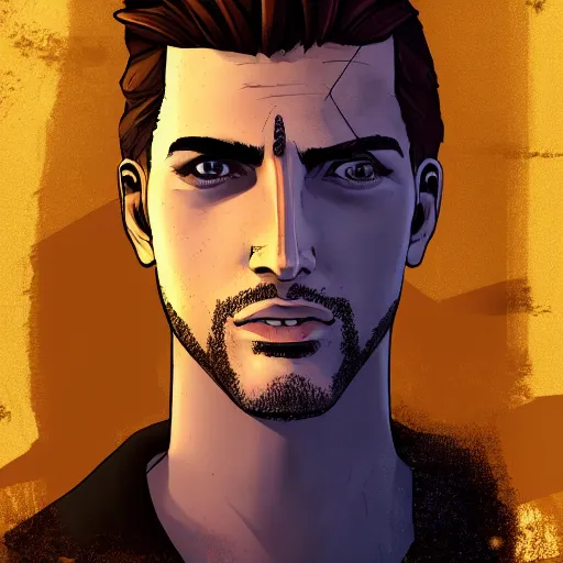 Image similar to a blond young spanish man portrait, borderlands, tales from the borderlands, the wolf among us, comic, cinematic lighting, studio quality, 8 k