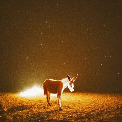 Image similar to “exploding fireworks in the night sky raining down embers and sparks and brightly burning pieces falling from the sky, a pale donkey stands in a field in the darkness. Photography. Flash photo. Cursed image.”