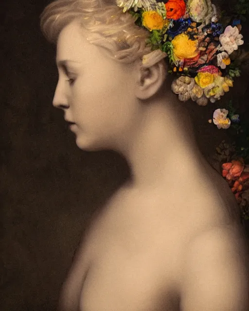 Image similar to a woman's face in profile, blonde, made of flowers, in the style of the Dutch masters and Gregory Crewdson, dark and moody