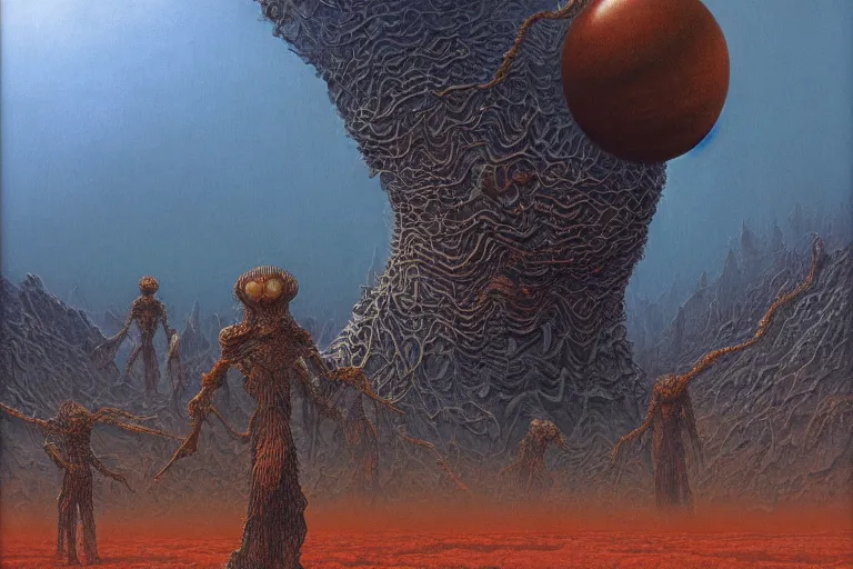 Image similar to oil painting, super - detailed scene of a creature the size of a planet, japanese sci - fi books art, artwork by jean giraud and zdzislaw beksinski and michael whelan and hr giger, hd, 4 k, high quality