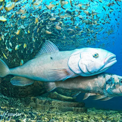 Image similar to incredibly detailed atlantic cod, wide angle shot, backlit, very realistic, underwater, beautiful photo, national geographical, underwater photography, canon 5 d,