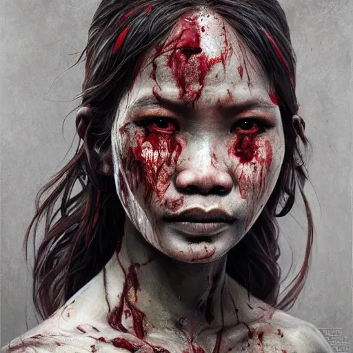 Image similar to portrait painting of a bloodied indonesian female butcher, ultra realistic, concept art, intricate details, eerie, highly detailed, photorealistic, octane render, 8 k, unreal engine. art by artgerm and greg rutkowski and alphonse mucha