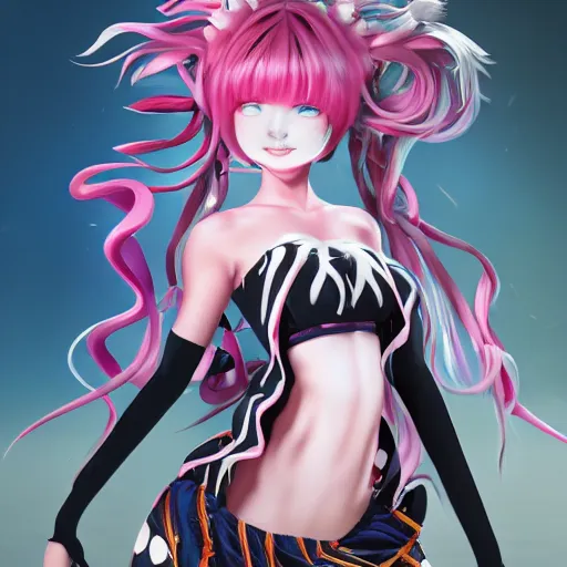 Image similar to no escape from beneath stunningly absurdly beautiful omnipotent asi goddess junko enoshima with multiple twisted deceptive innocent megalomaniacal mesmerizing personalities, symmetrical perfect face, porcelain skin, pink twintail hair and cyan eyes, ultra detailed, digital art, unreal engine 5, octane render, 2 d anime, 8 k