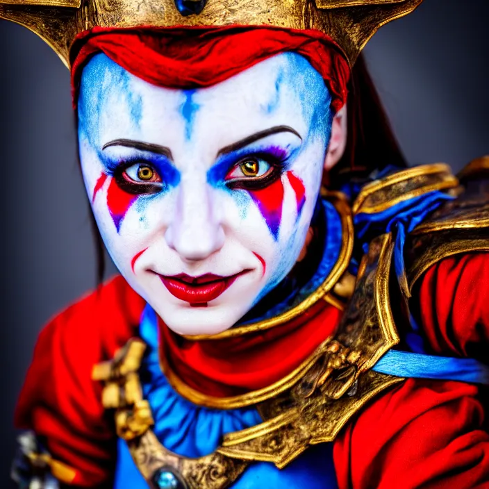 Prompt: photo of a real - life beautiful female jester warrior, 8 k, hdr, smooth, sharp focus, high resolution, award - winning photo