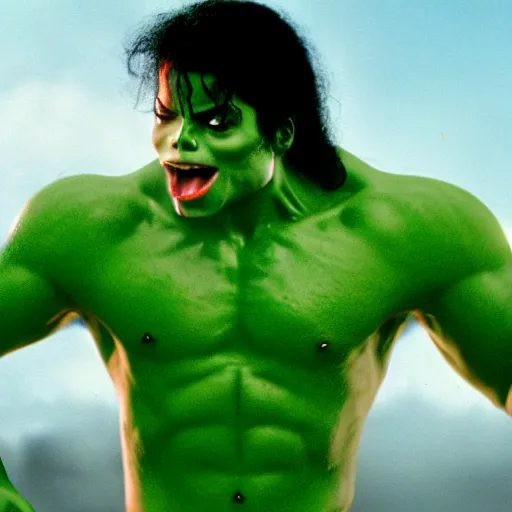 Image similar to michael jackson as the incredible hulk, movie still, 8 k