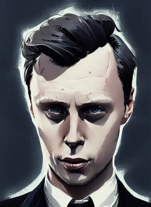 Image similar to highly detailed closeup portrait of martin wallstrom, tyrell wellick, slick back hair wearing suit by atey ghailan, by greg rutkowski, by greg tocchini, by james gilleard, by joe fenton, by kaethe butcher, gradient blue, black and white only color scheme, grunge aesthetic!!! ( ( graffiti tag wall background ) )