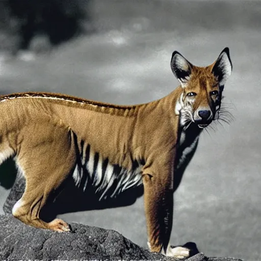 Image similar to dynamic photos of a tasmanian tiger, National Geographic animal pictures, sharp detail, shallow depth of field