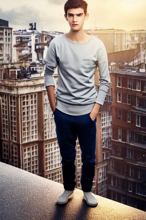 Image similar to un ultra high definition studio quality photographic art portrait of a young man standing on the rooftop of a british apartment building wearing soft padded silver pearlescent clothing. three point light. extremely detailed. golden ratio, ray tracing, volumetric light, shallow depth of field. set dressed.