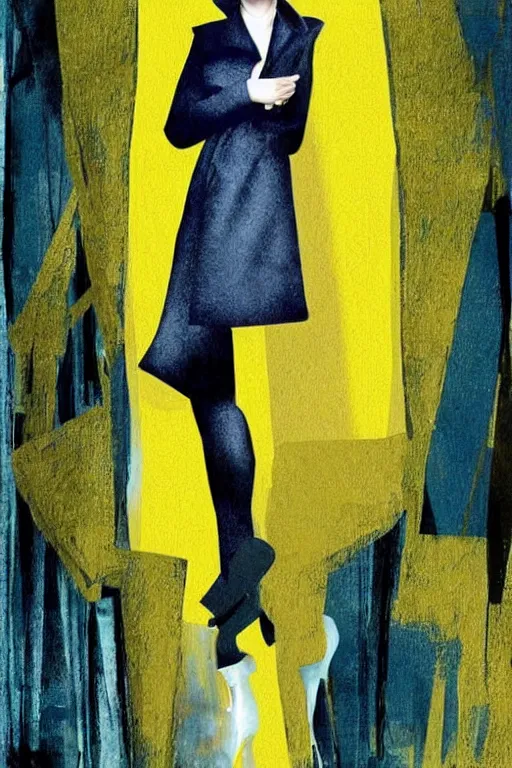 Image similar to Dakota Fanning with short blue hair wearing a yellow trenchcoat by Dave McKean