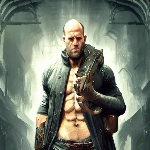 Image similar to photography of jason statham, deep focus, d & d, fantasy, intricate, elegant, highly detailed, digital painting, artstation, concept art, matte, sharp focus, illustration, hearthstone, art by artgerm and greg rutkowski and alphonse mucha