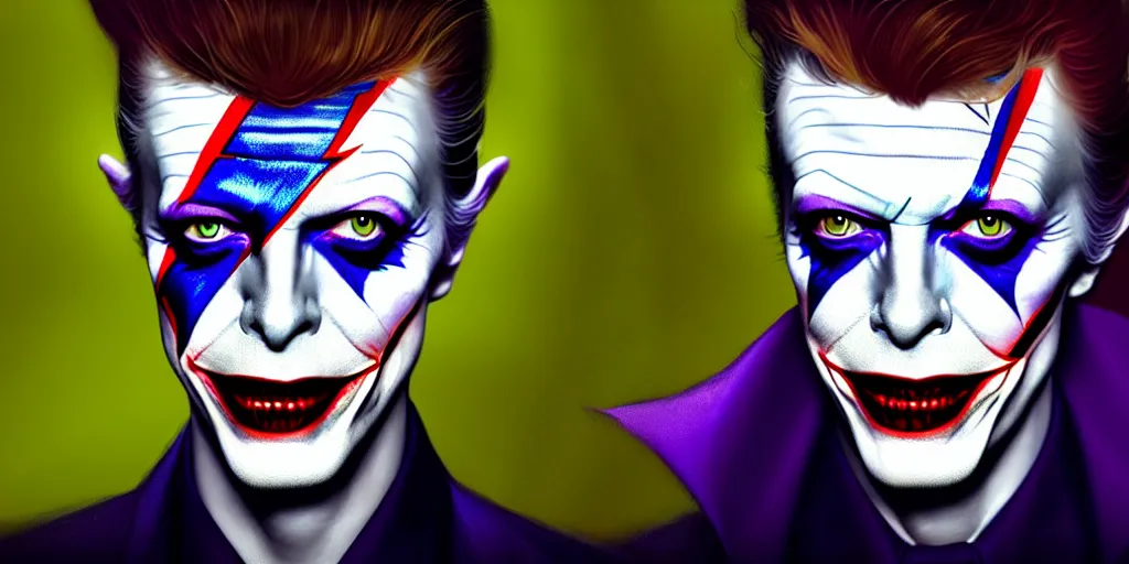 Image similar to david bowie as the joker, cinematic, highly detailed, digital painting, artstation, concept art, matte, sharp focus, illustration, art by artgerm and greg rutkowski and alphonse mucha