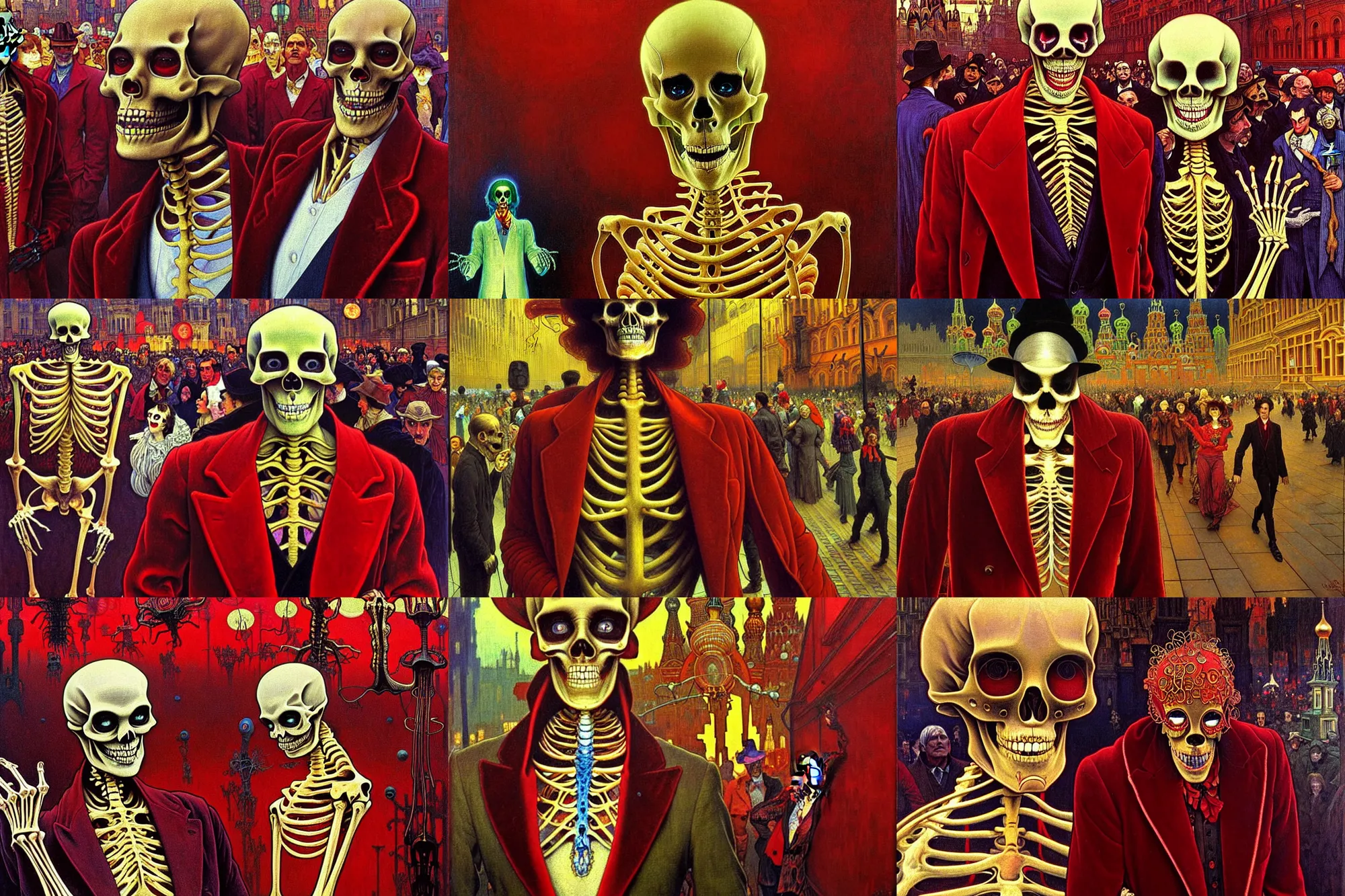 Prompt: realistic detailed closeup portrait painting of a single glowing skeleton wearing crimson velvet blazer in a crowded futuristic moscow street by denis villenueve, jean delville, amano, yves tanguy, alphonse mucha, ernst haeckel, ilya repin, edward robert hughes, andrei tarkovsky, roger dean, rich moody colours