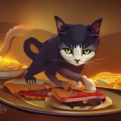 Prompt: shocked cat running away from the giant carnivorous sandwich, artstation hq, dark phantasy, stylized, symmetry, modeled lighting, detailed, expressive, created by hayao miyazaki