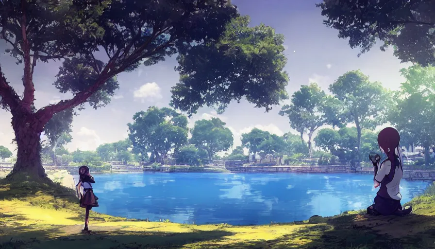 Prompt: bonifacio global city with a blue lake, beautiful ancient trees, hiding large treasure chest, serene evening atmosphere, soft lens, soft light, cel - shading, animation, in the style of cgsociety, deviantart, artstation, zbrush, cinema 4 d, studio ghibli, akihiko yoshida, atelier lulua, masamune shirow