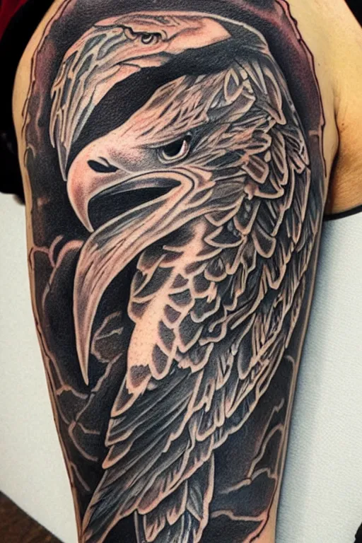 Image similar to traditional American tattoo of an eagle with a fish in its talons by Samuele Briganti