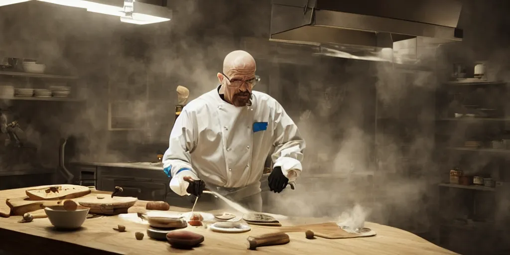 Prompt: Walter White Cooking In A Kitchen, 8k, Exquisite Detail, HD, Photorealistic, Cinematic Lighting