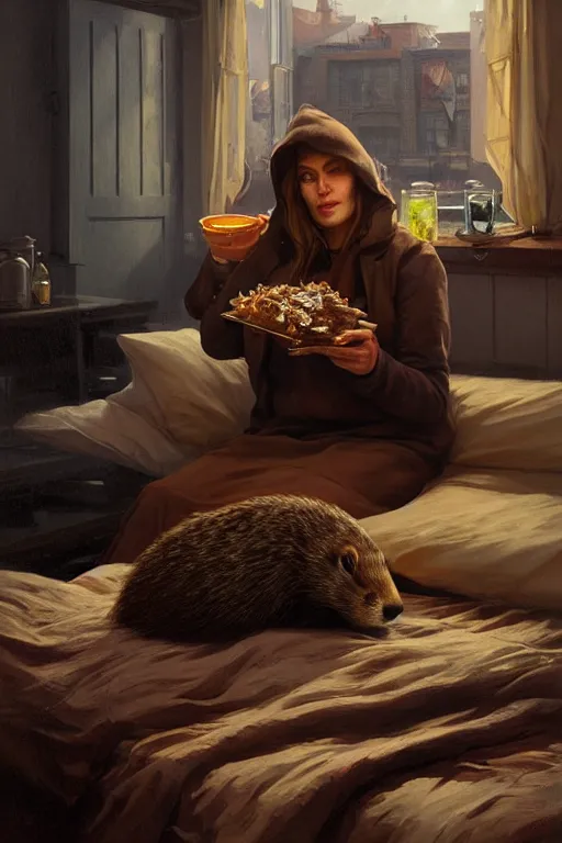 Image similar to groundhog cooking meth lies on the bed, realistic portrait, highly detailed, digital painting, artstation, concept art, smooth, sharp focus, illustration, cinematic lighting, art by artgerm and greg rutkowski and alphonse mucha