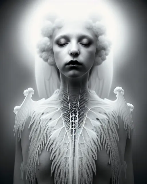 Image similar to dreamy foggy soft luminous bw art photo taken in 2 1 0 0, beautiful spiritual angelic biomechanical mandelbrot fractal albino girl cyborg with a porcelain profile face, very long neck, halo, white smoke atmosphere, rim light, big leaves and stems, fine foliage lace, alexander mcqueen, art nouveau fashion pearl embroidered collar, steampunk, elegant