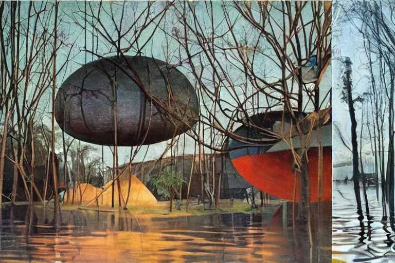 Image similar to spherical tree houses in flooded street ( ( ( ( painting by aaron douglas ) ) ) ) painting by h. r. giger painting by alvar aalto