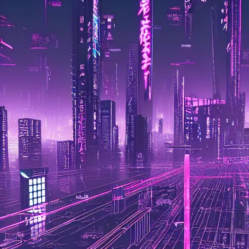 Prompt: Cyberpunk neon Tokyo skyline in style of Tsutomu Nihei in purple and black tones. Cyberpunk, vertical symmetry, 8K, Highly Detailed, Intricate.