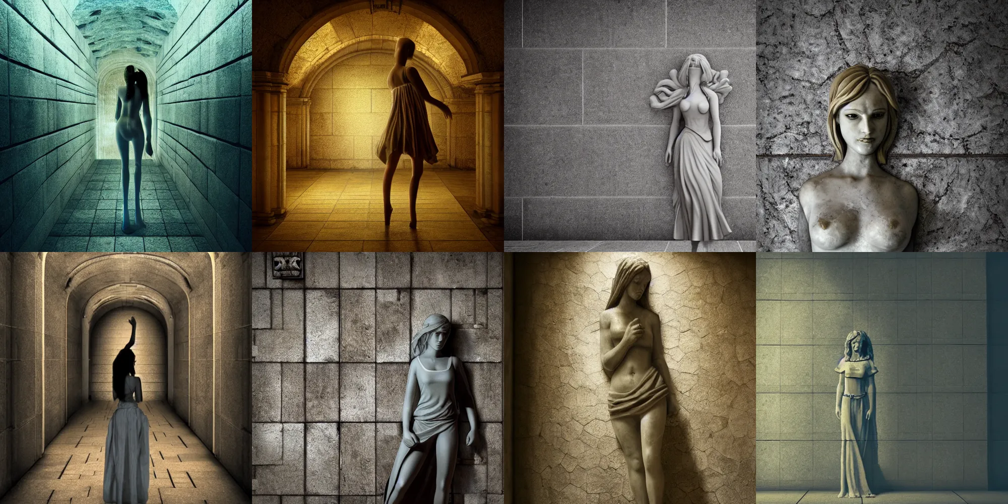 Prompt: breaking statue of girl, real girl underneath, stone tile hallway, fantasy art, 4 k, dramatic lighting, trending deviantart
