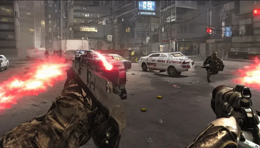 Prompt: 2020 RTS Video Game Screenshot, Anime Neo-tokyo Cyborg bank robbers vs police, Set inside of the Bank, Open Vault, Multiplayer set-piece Ambush, Tactical Squads :9, Police officers under heavy fire, Police Calling for back up, Bullet Holes and Realistic Blood Splatter, :6 Gas Grenades, Riot Shields, Large Caliber Sniper Fire, Chaos, Metal Gear Solid Anime Cyberpunk, Akira Anime Cyberpunk, Anime Bullet VFX, Anime Machine Gun Fire, Violent Action, Sakuga Gunplay, Shootout, :7 Inspired by Escape From Tarkov :6, Intruder + Akira :12 by Katsuhiro Otomo: 19, 🕹️ 😎 🔫 🤖 🚬