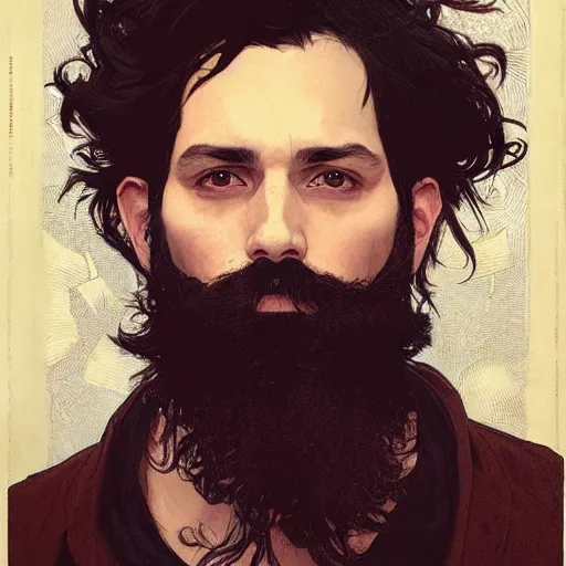 Image similar to portrait of a man with black hair and beard, looking directly into the camera, background is complete chaos, sharp focus, illustration, art by greg rutkowski and alphonse mucha''