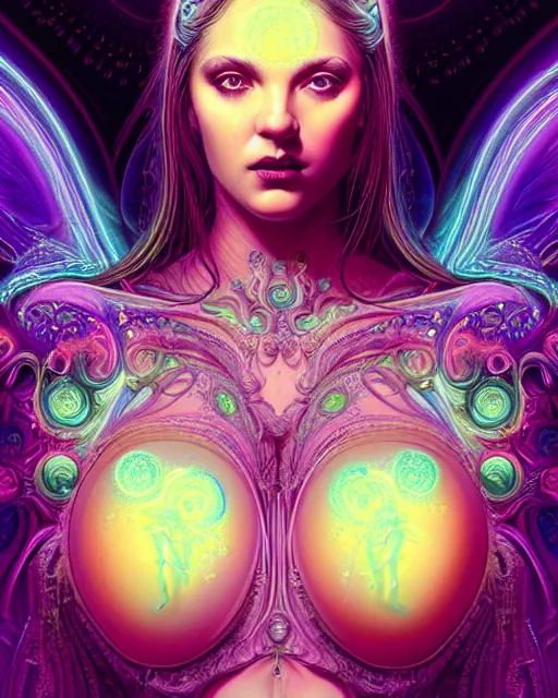 Prompt: beautiful realistic intricately detailed full frontal pose portrait of a sensual young dream goddess of the lucid realm, intricate halo of bubbles, droplets, neon swirls, tabs of lsd, solar flares, stardust, art by kilian eng, artgerm, greg rutkowski and h. r. giger, gothic, neo - gothic, ornamental, beautiful vivid colors