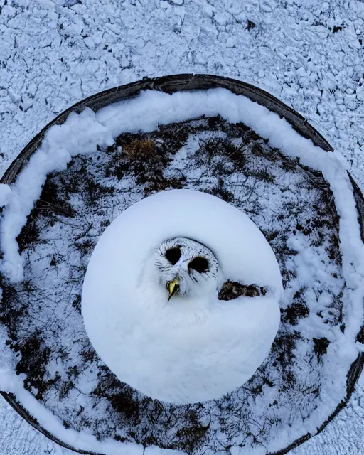 Image similar to a snowy owl's nest in the alps, zoomed out, shot from drone, iphone capture