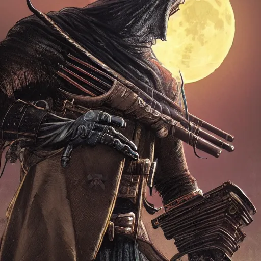 Prompt: an ultra detailed vector image of the hunter from bloodborne in a set of fallout power armor, concept art by alphonse mucha and greg rutkowski, scary shadows, blood moon eclipse, octane render, laminal space