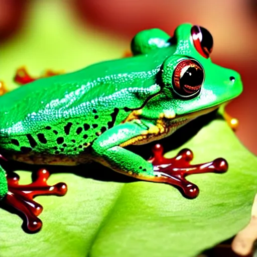 Image similar to Ordinary garden frog transforming into a human Prince with green suit and jeweled crown