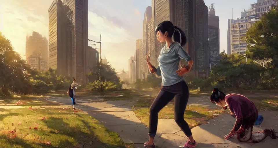 Prompt: highly detailed portrait asian woman jogger rotting zombie in gta v, in a city park, stephen bliss, unreal engine, fantasy art by greg rutkowski, loish, rhads, ferdinand knab, makoto shinkai and lois van baarle, ilya kuvshinov, rossdraws, tom bagshaw, global illumination, detailed and intricate environment