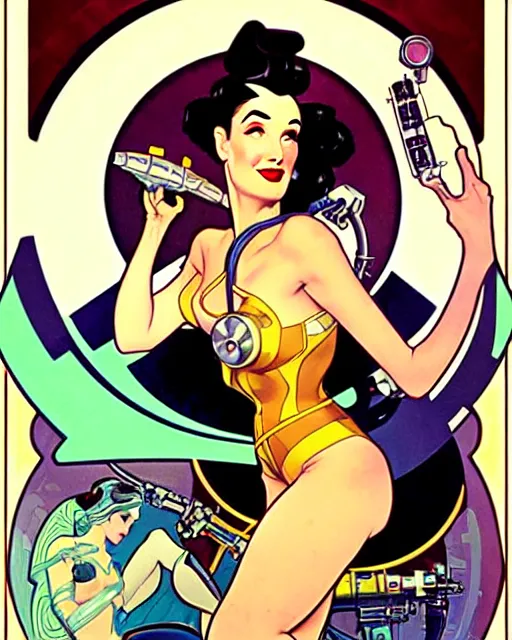 Prompt: a retro future science fiction pinup illustration of dita von teese, alphonse mucha, alberto vargas, gil elvgren, diesel punk.