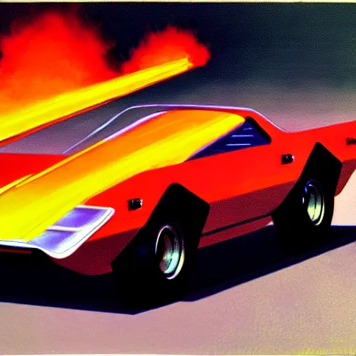 Image similar to concept art for a car with flame throwers, painted by syd mead, high quality