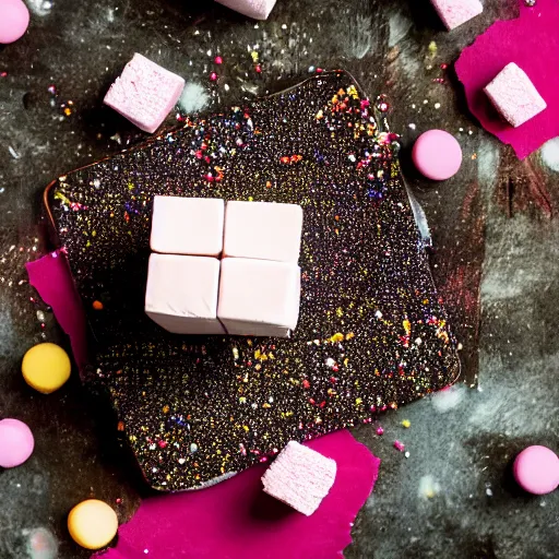 Image similar to photograph of a delicious marshmallow cube with sprinkles on a dark wooden chopping board, pastel colours, hessian cloth, styled food photography, photorealistic, 4 k, canon 1 d, bohek