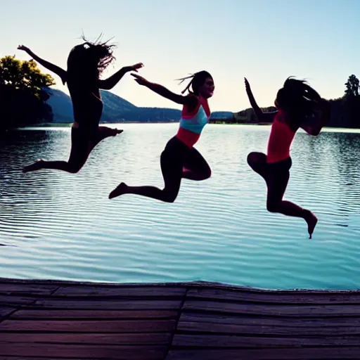 Image similar to girls jumping off a dock into lake silhouette