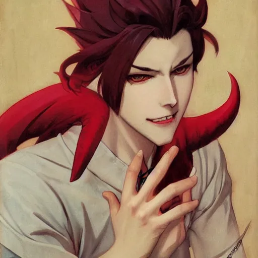 Prompt: a boy with red hair, red eyes, demon horns and a tail with a devious grin. By JC Leyendecker Phuoc Quan. Makoto shinkai