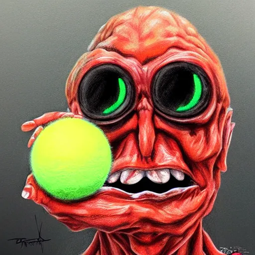 Image similar to a portrait of a tennis ball monsters, digital art, fantasy, magic, chalk, trending on artstation, ultra detailed, professional illustration by basil gogos