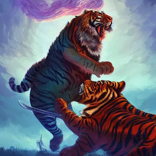 Prompt: A Wizard battling a Tiger, digital art, masterpiece; trending on ArtStation; by MotG digital painting by R.J. Palmer; by Anato Finnstark