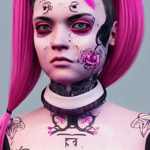 Image similar to An octane 3d render of a girl with pink pigtails, and face tattoos, 8d, HD, hyper detailed, intricate details, photorealistic, dynamic lighting, stunning visuals, creative, trending on art station,