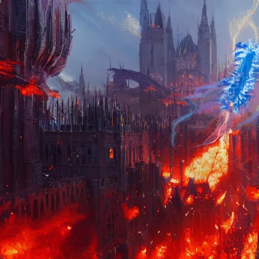 Prompt: A hyper detailed painting of a medieval city being bombarded with flaming rocks, a blue fire tornado in the centre of it destroying the city, dark fantasy, by Greg Rutkowski, trending on artstation