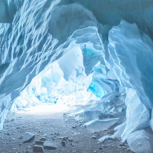 Image similar to deep dark glacier cave, faint blue glow,