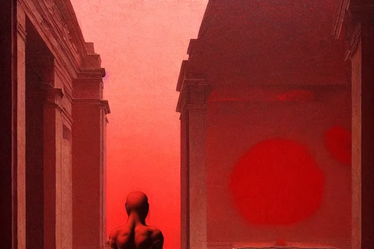 Image similar to only with red, caesar after war, a red tiger, in hoc signo vinces, rome in background, an ancient path, in the style of beksinski, part by hopper, part by rodcenko, part by hofbauer, intricate composition, red by caravaggio, insanely quality, highly detailed, masterpiece, red light, artstation