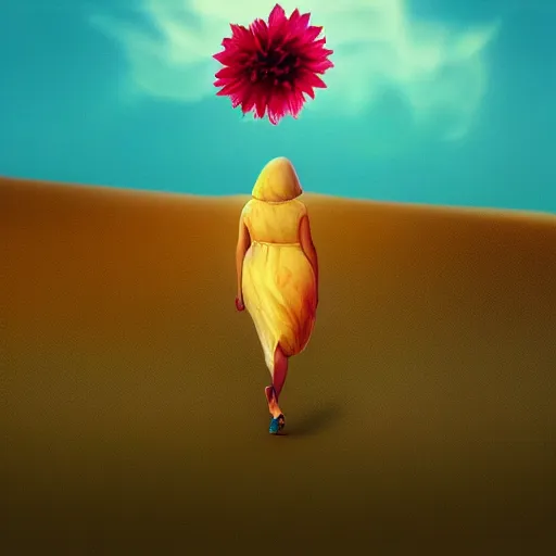 Image similar to closeup large dahlia flower under head, a girl walking between dunes, surreal photography, sunrise, blue sky, dramatic light, impressionist painting, digital painting, artstation, simon stalenhag