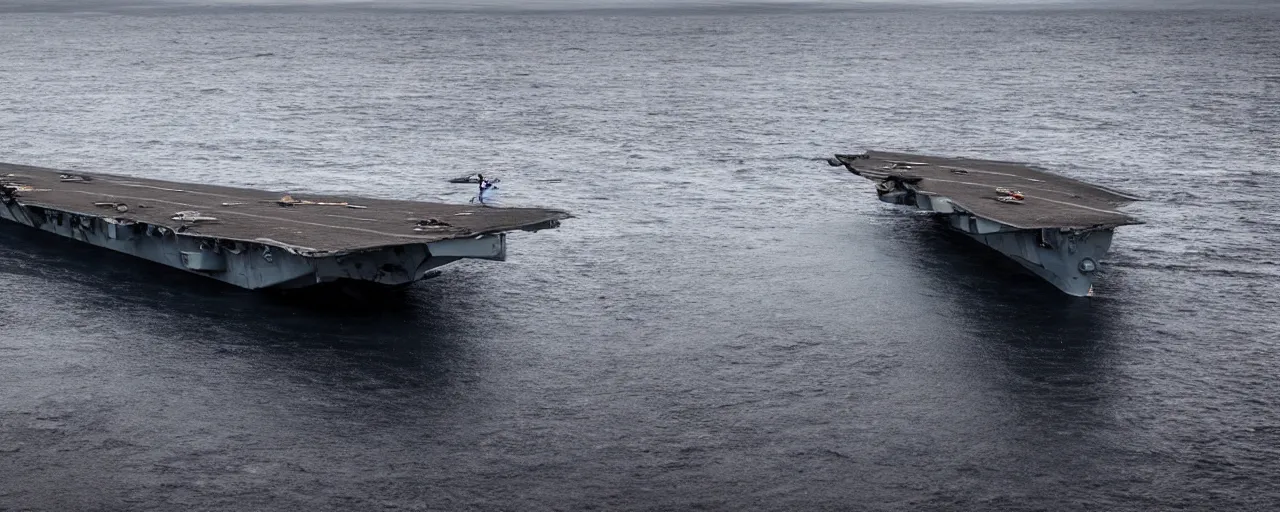 Prompt: low angle cinematic shot of abandoned aircraft carrier submerged in the middle of an endless black sand beach in iceland, rivers