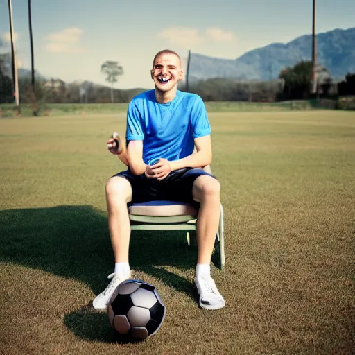 Image similar to realistic photoshoot for a gaming chair, a goofy man short hair is standing by the chair with a soccer ball in his arms, maniacal smile, color film photography, portrait of a beautiful person, in style of Campbell Addy, 35mm