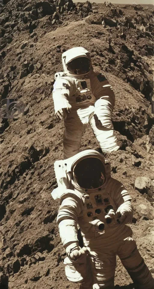 Image similar to astronaut taking a selfie with Jesus Christ at Golgotha, mountain of skulls in background, realistic old photo, coal dust, lumierre