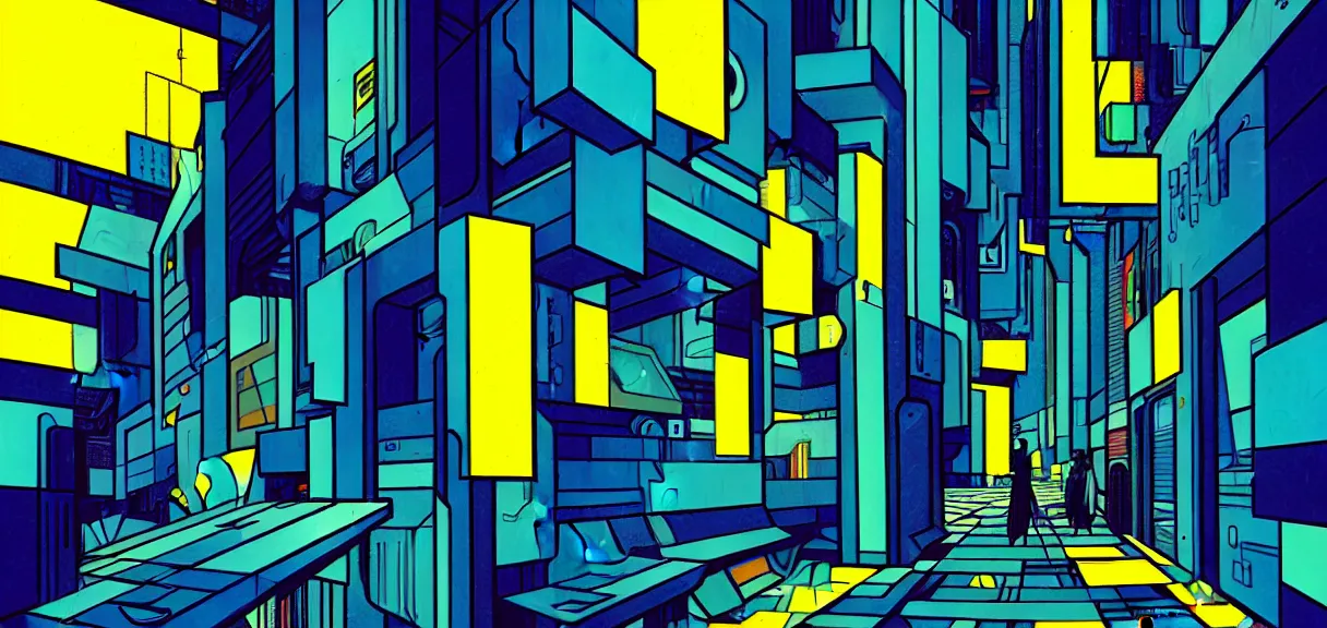 Image similar to post - minimalism, cyberpunk, abstract, slight cubism influence, bladerunner alley, iridescent, comic