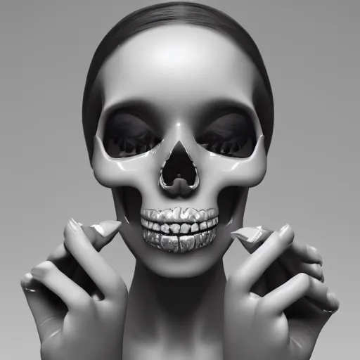 Image similar to closeup portrait photo of a stunning beautiful lady skull with her tongue touching her nose, 3D render,subsurface scattering,global illumination,raytracing,studio lighting, HDR, UHD, 4K